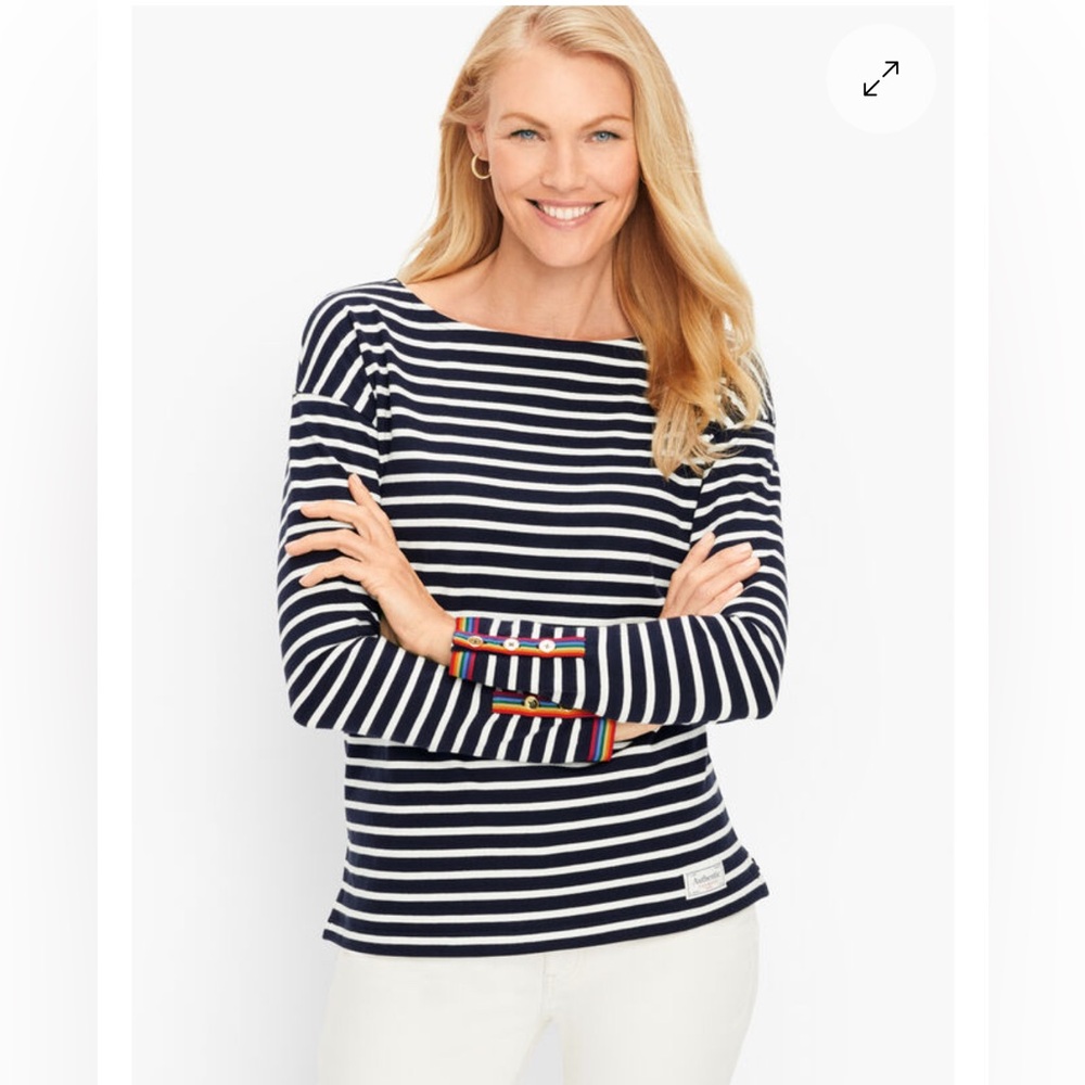 Talbots Authentic Tee Jane Stripe Preppy Pride Rainbow Trim Gold Buttons NWT